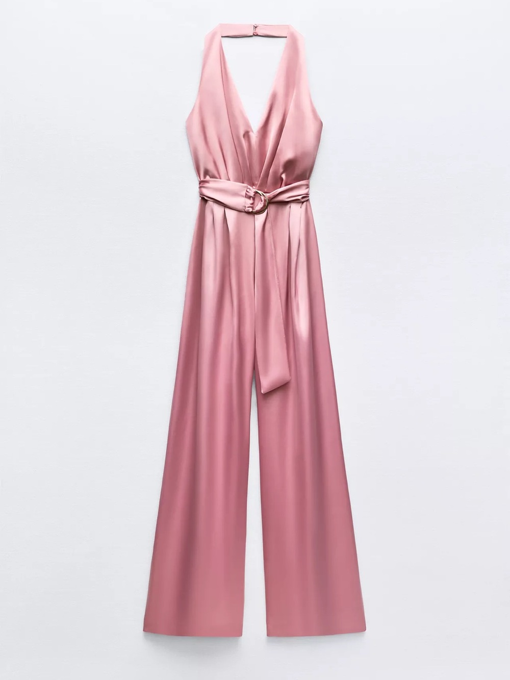 Zara Satin Halter Jumpsuit in Pink with Belt